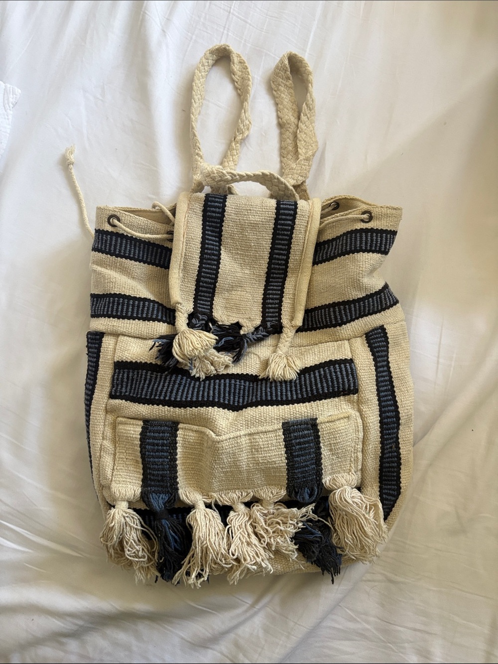 Handwoven Cream and Navy Striped Drawstring Backpack